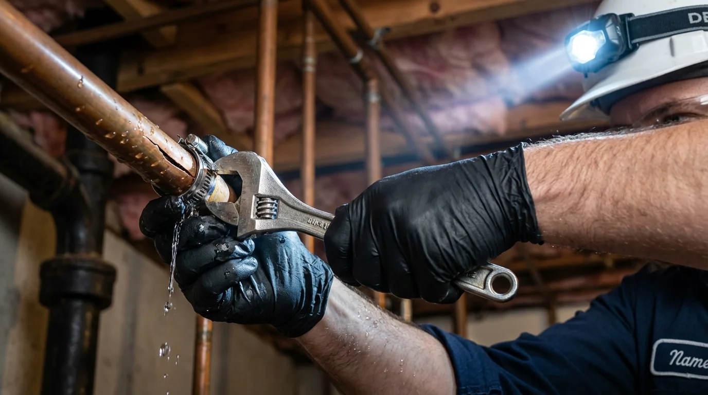 Emergency pipe clamp repair being performed by a Johns Plumbing LLC plumber in Colby