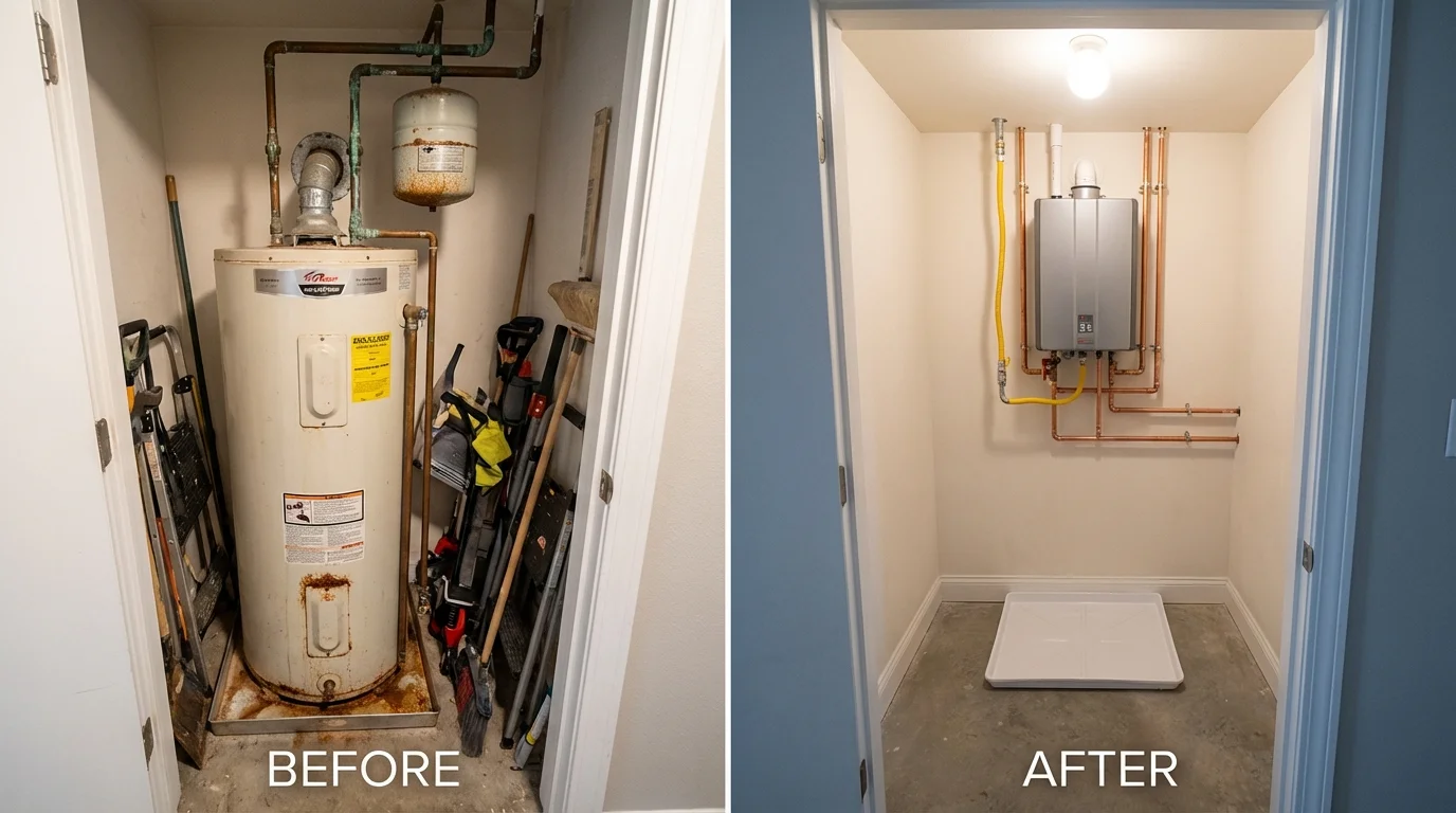 Tank water heater versus wall-mounted tankless unit comparison for Colby, WI homeowners