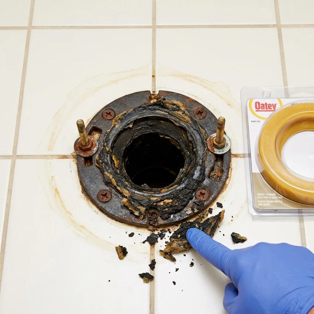Failed wax ring showing water seepage at the base of a toilet in a Colby, WI home